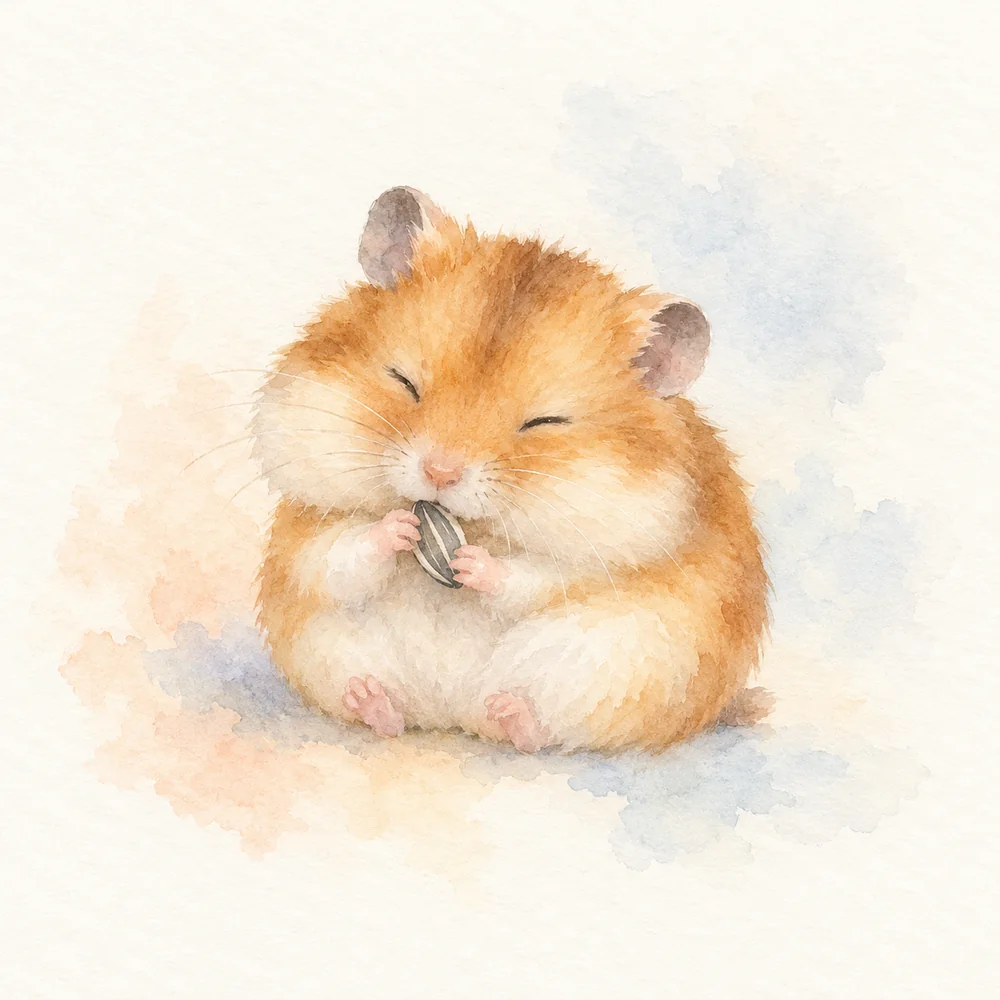 Watercolor illustration of a sleepy golden hamster beside a tiny seed.