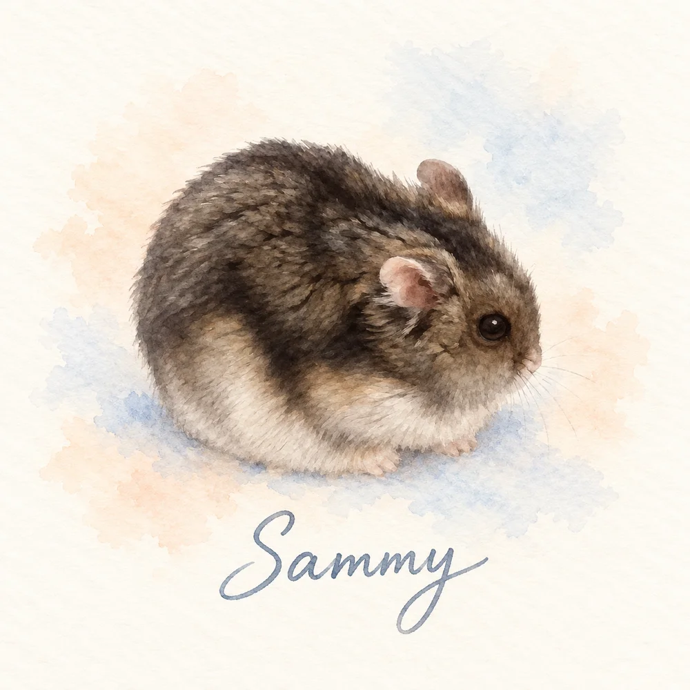 Watercolor portrait of Sammy, a dark gray hamster with pale cheeks, with Sammy handwritten underneath.